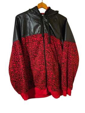 2XL Men's BTL brand jacket & hoodie, red & black, faux leather, good condition.